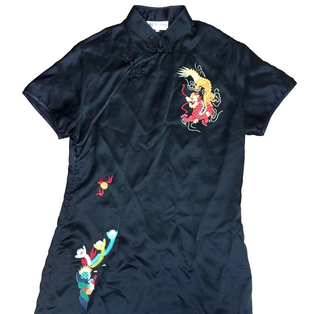 YI FANG CHEONGSAM DRESS WOMENS 44 BLACK SATIN ORIENTAL EMBROIDERED DRAGON VTG